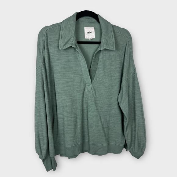Aerie Endless Summer Polo Sweater Green Olive Pop Over Oversized Medium - Picture 1 of 6